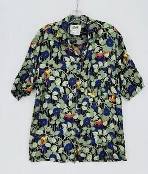Vintage Mens Flax Jeanne Engelhart Green Floral Hummingbird Camp Shirt